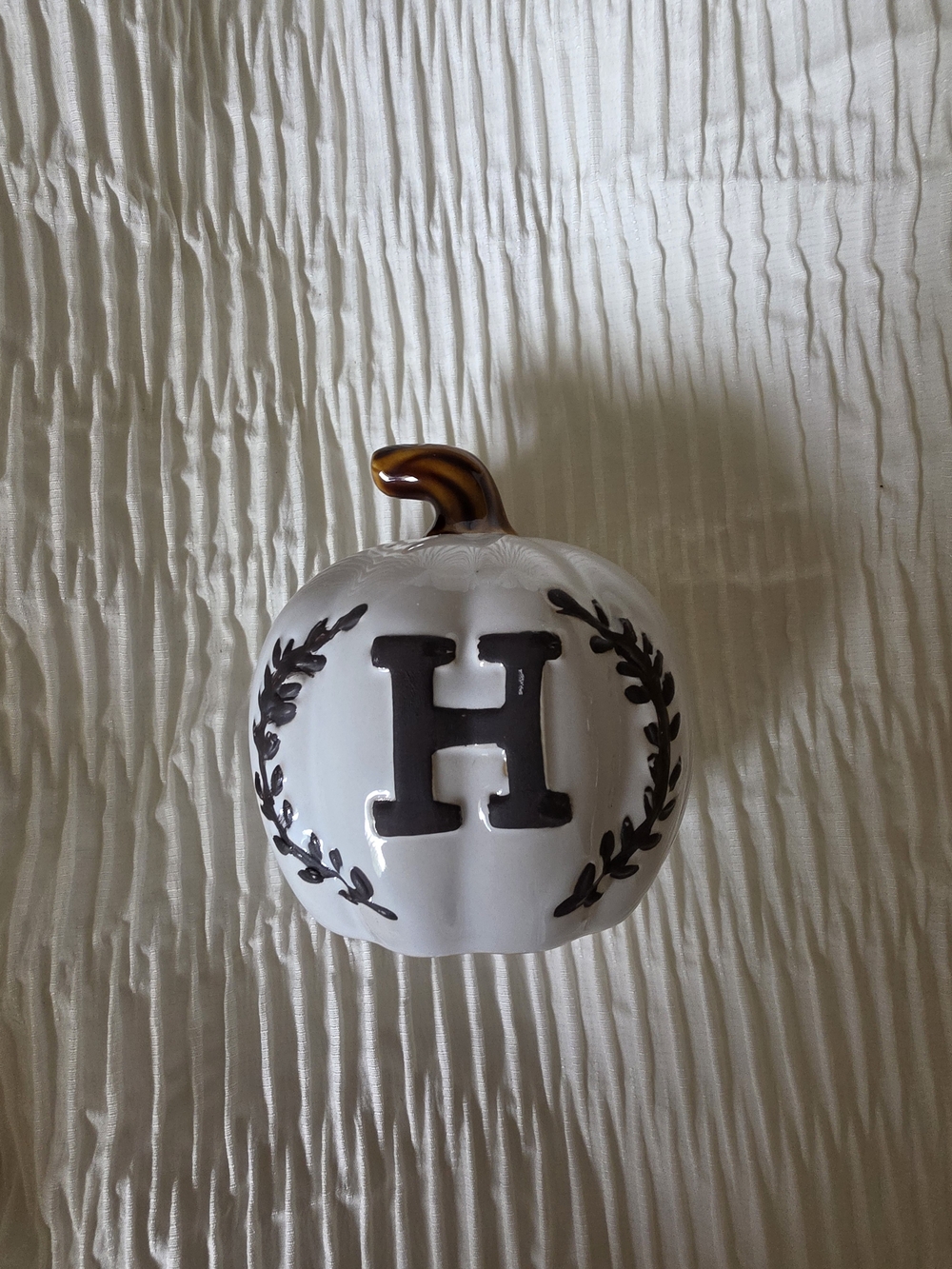 Hobby Lobby White Ceramic Pumpkin with Black Monogram H and Brown Stem